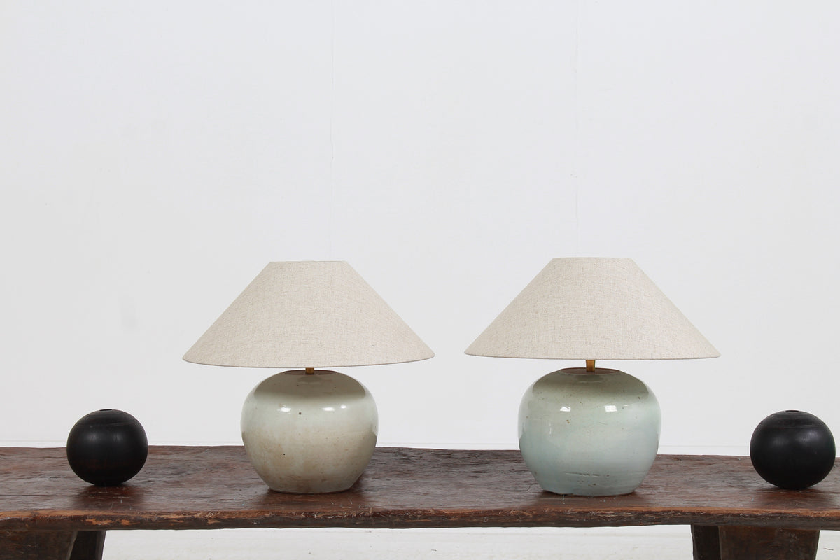 CHARMING Near Pair of ANTIQUE CHINESE GINGER JAR TABLE LAMPS WITH NATURAL LINEN SHADES