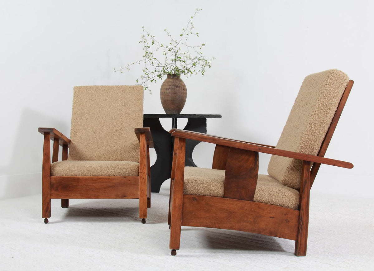 Large PAIR OF BRUTALIST SPANISH LOUNGE CHAIRS UPHOLSTERED IN BOUCLE