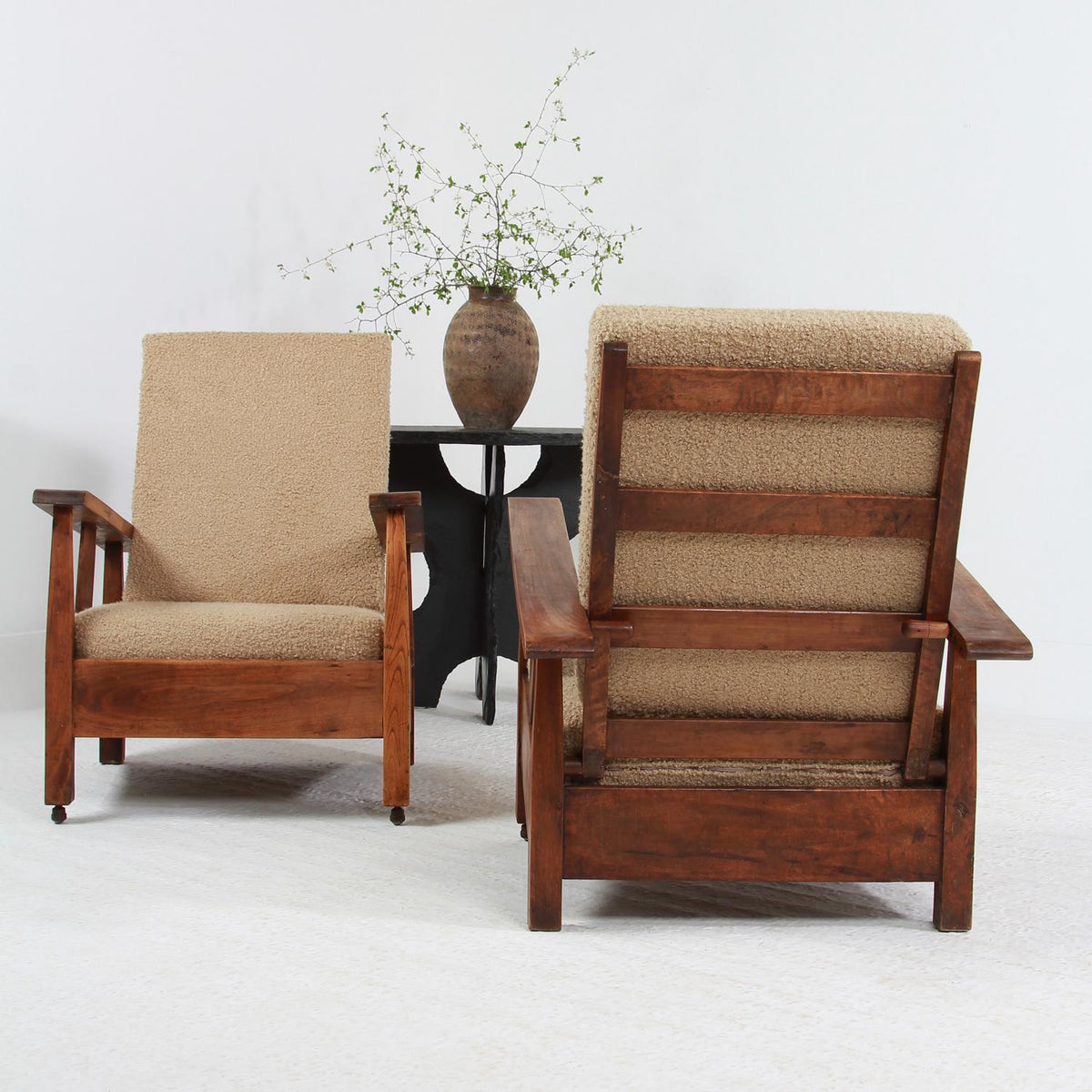 Large PAIR OF BRUTALIST SPANISH LOUNGE CHAIRS UPHOLSTERED IN BOUCLE