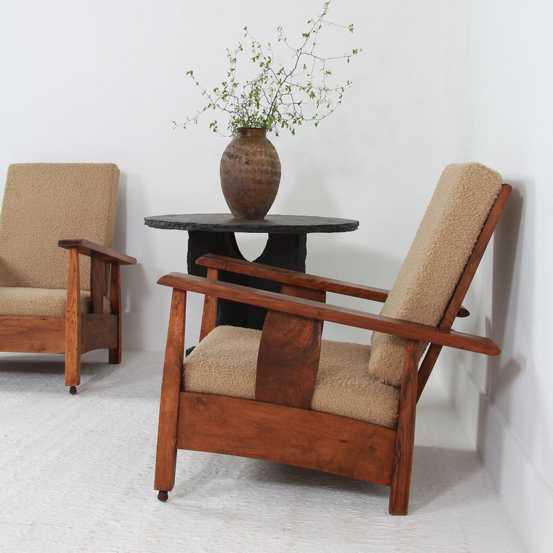 Large PAIR OF BRUTALIST SPANISH LOUNGE CHAIRS UPHOLSTERED IN BOUCLE