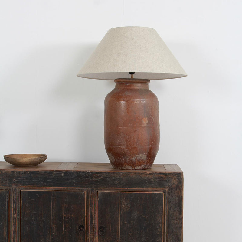 Unique  XXL Antique 19thC Table Lamp with Belgium Linen Empire Shade