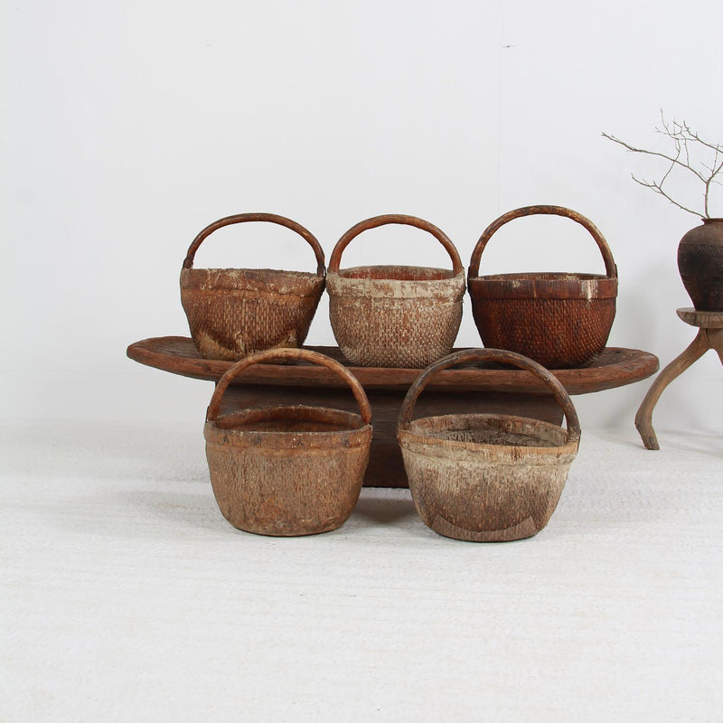 WONDERFUL RUSTIC ANTIQUE WOVEN RICE BASKETS WITH TREE BRANCH HANDLES