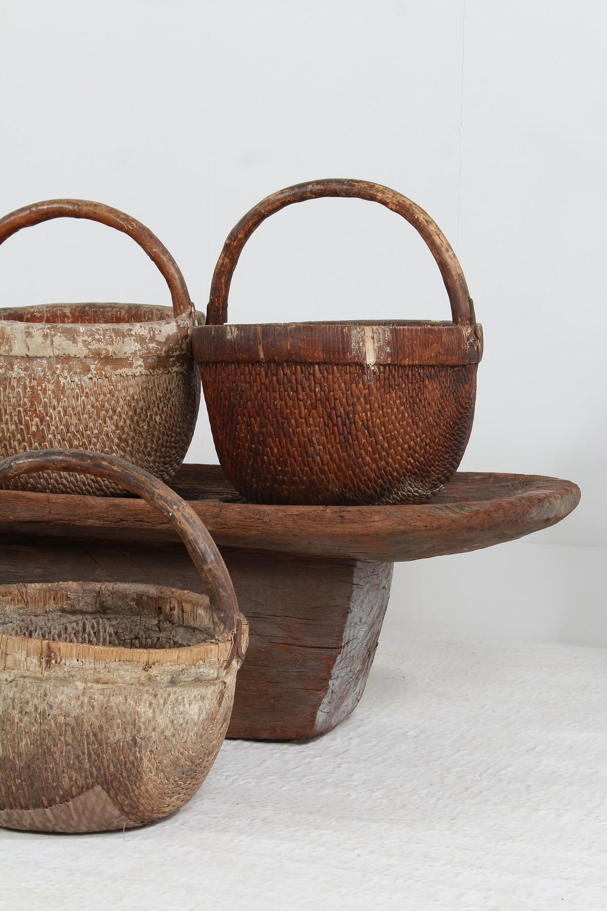WONDERFUL RUSTIC ANTIQUE WOVEN RICE BASKETS WITH TREE BRANCH HANDLES