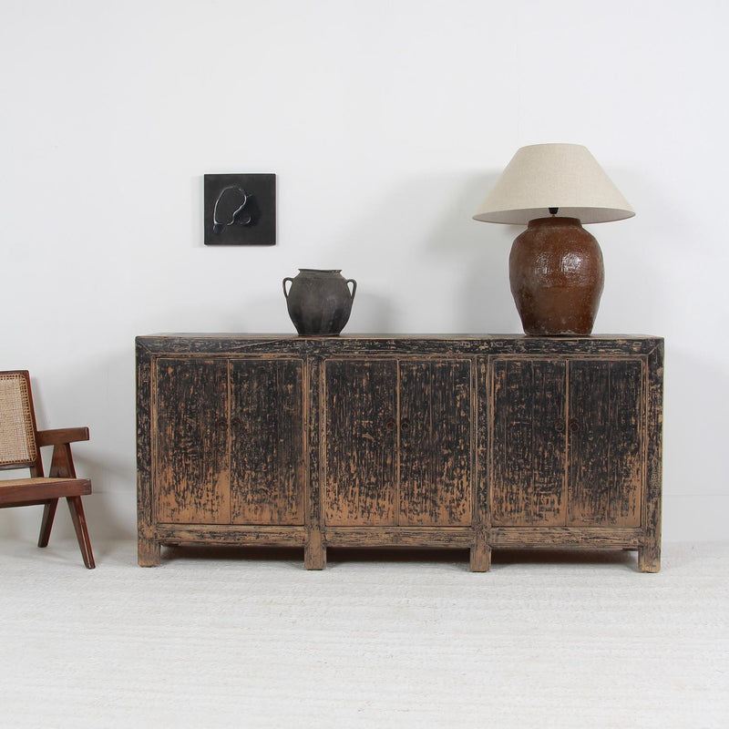 GRAND SCALE RUSTIC COUNTRY ELM PROVINCIAL SIDEBOARD WITH ORIGINAL BLACK PATINA