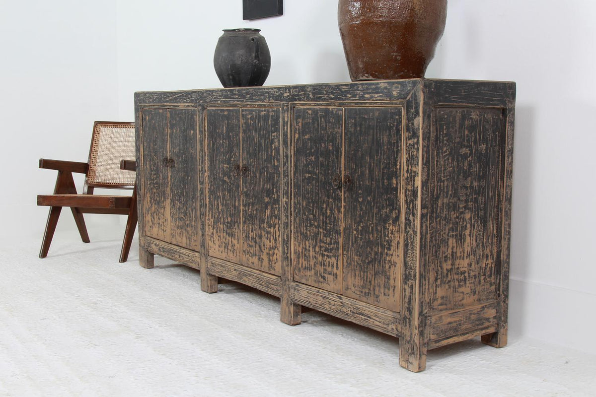 GRAND SCALE RUSTIC COUNTRY ELM PROVINCIAL SIDEBOARD WITH ORIGINAL BLACK PATINA