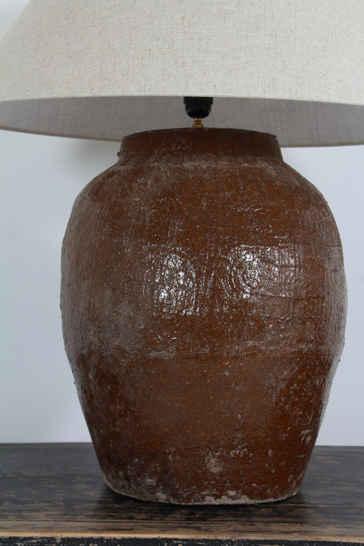 UNIQUE ANTIQUE 19THC TABLE LAMP WITH BELGIUM LINEN EMPIRE SHADE