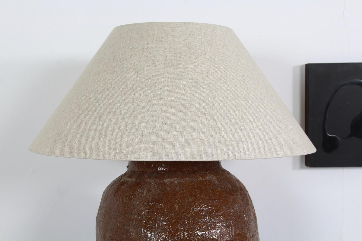 UNIQUE ANTIQUE 19THC TABLE LAMP WITH BELGIUM LINEN EMPIRE SHADE