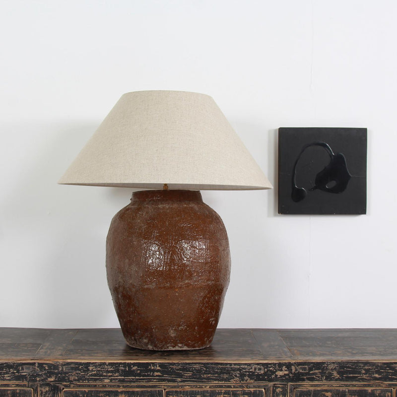 UNIQUE ANTIQUE 19THC TABLE LAMP WITH BELGIUM LINEN EMPIRE SHADE