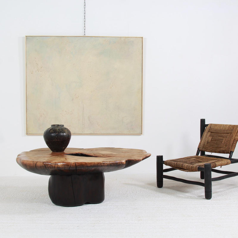 HUGE EXPRESSIVE SCULPTURAL CRAFTSMAN BEECH & CYPRESS PEBBLE COFFEE TABLE WITH BURNT WOOD BASE.PRICE ON REQUEST