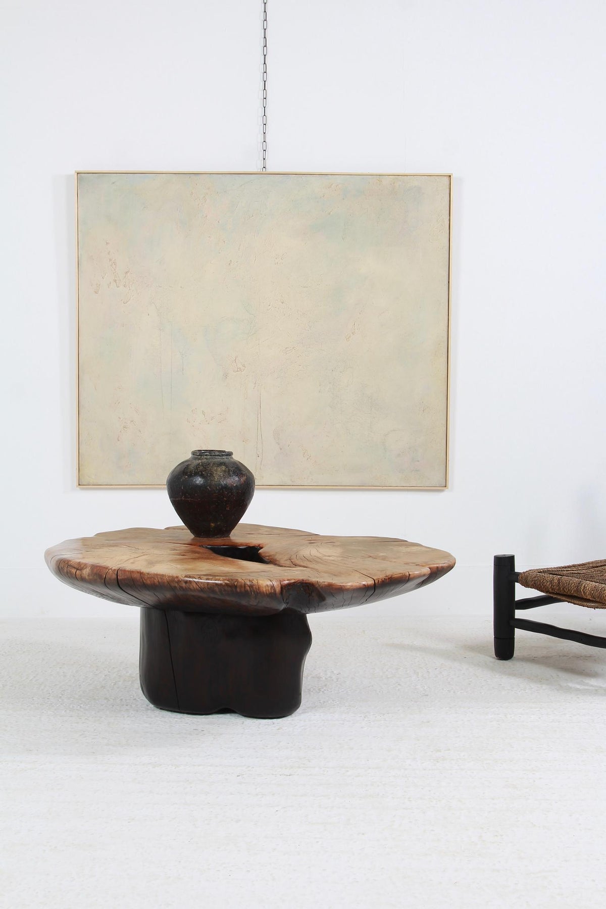 HUGE EXPRESSIVE SCULPTURAL CRAFTSMAN BEECH & CYPRESS PEBBLE COFFEE TABLE WITH BURNT WOOD BASE.PRICE ON REQUEST