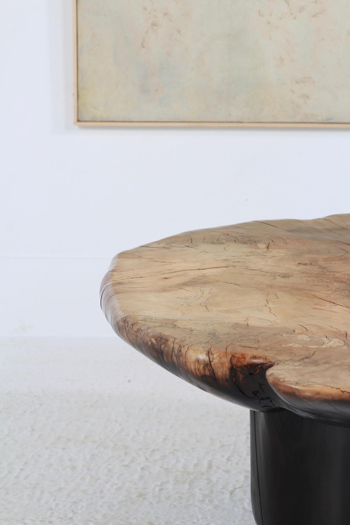 HUGE EXPRESSIVE SCULPTURAL CRAFTSMAN BEECH & CYPRESS PEBBLE COFFEE TABLE WITH BURNT WOOD BASE.PRICE ON REQUEST