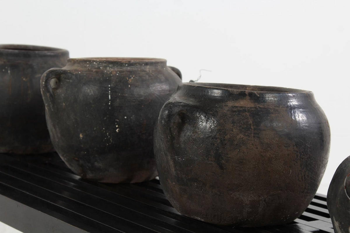 Set of Six Hand Thrown Mediterranean Black Burnished Ware Pottery Jars