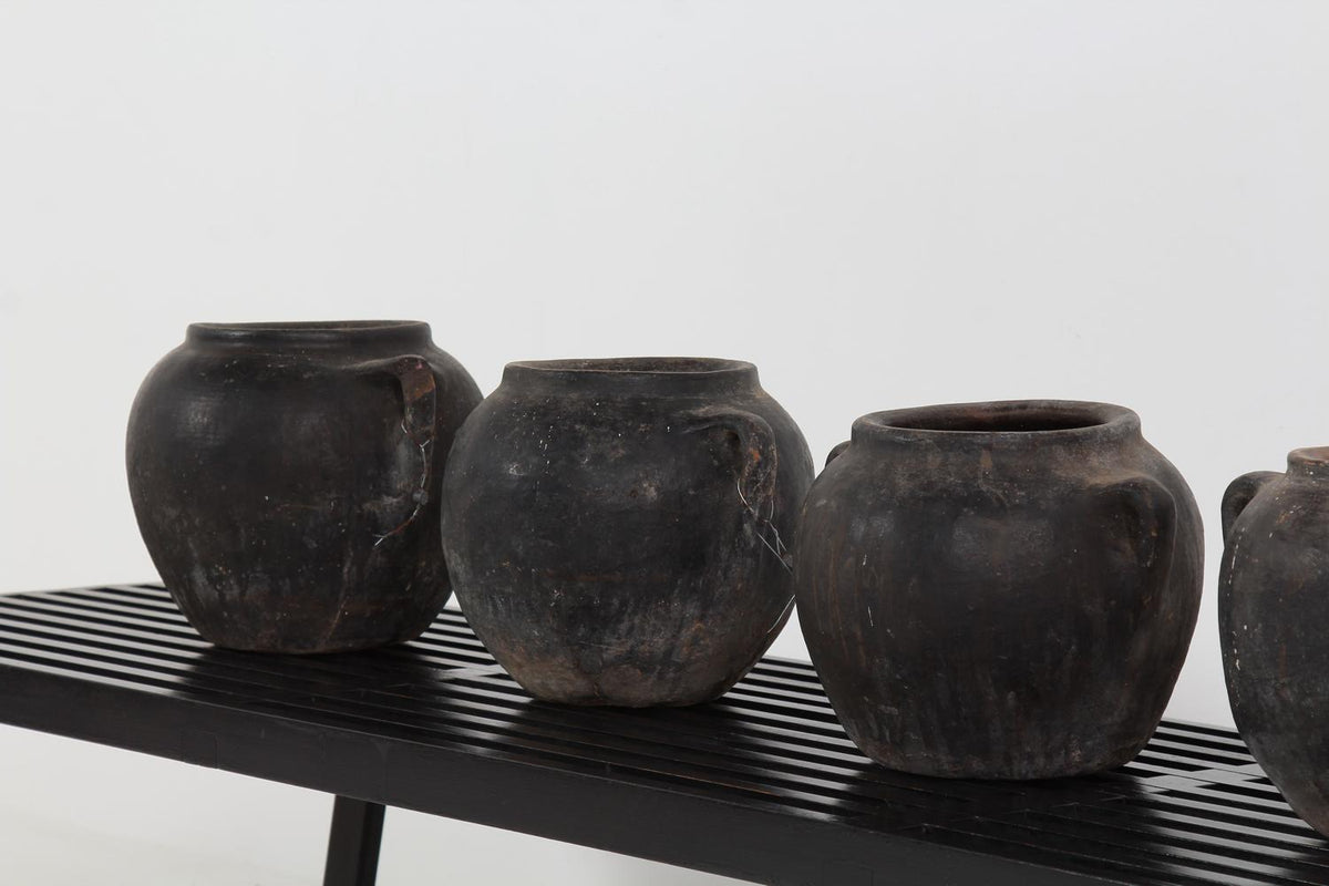 Set of Six Hand Thrown Mediterranean Black Burnished Ware Pottery Jars