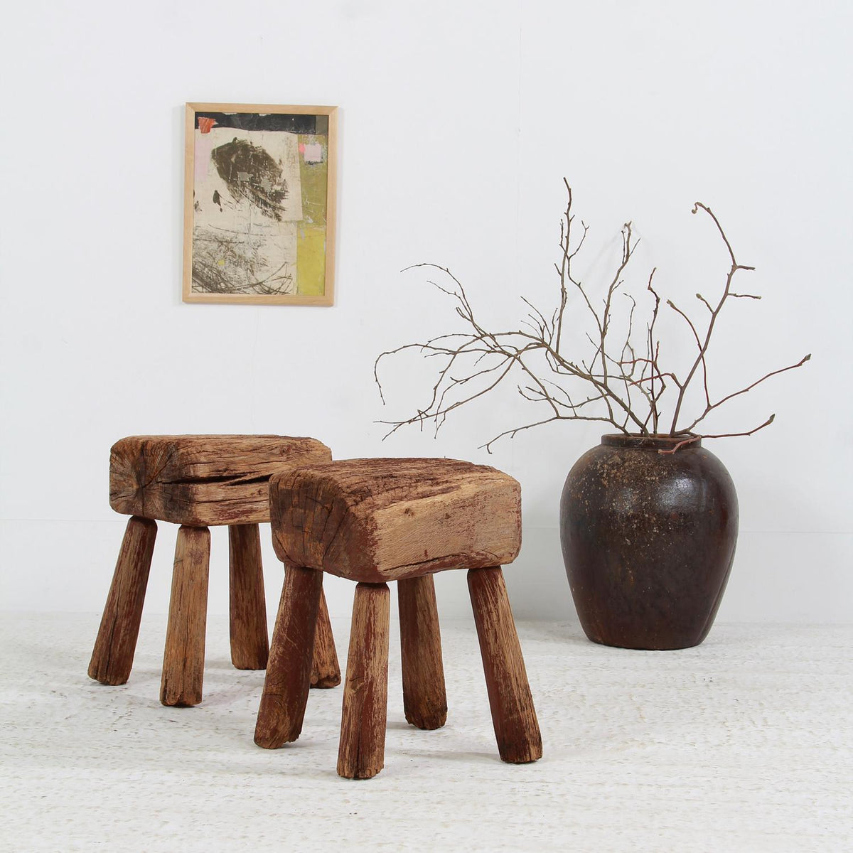 Pair of Rustic Spanish Wabi Sabi Wood Stools or Side Tables