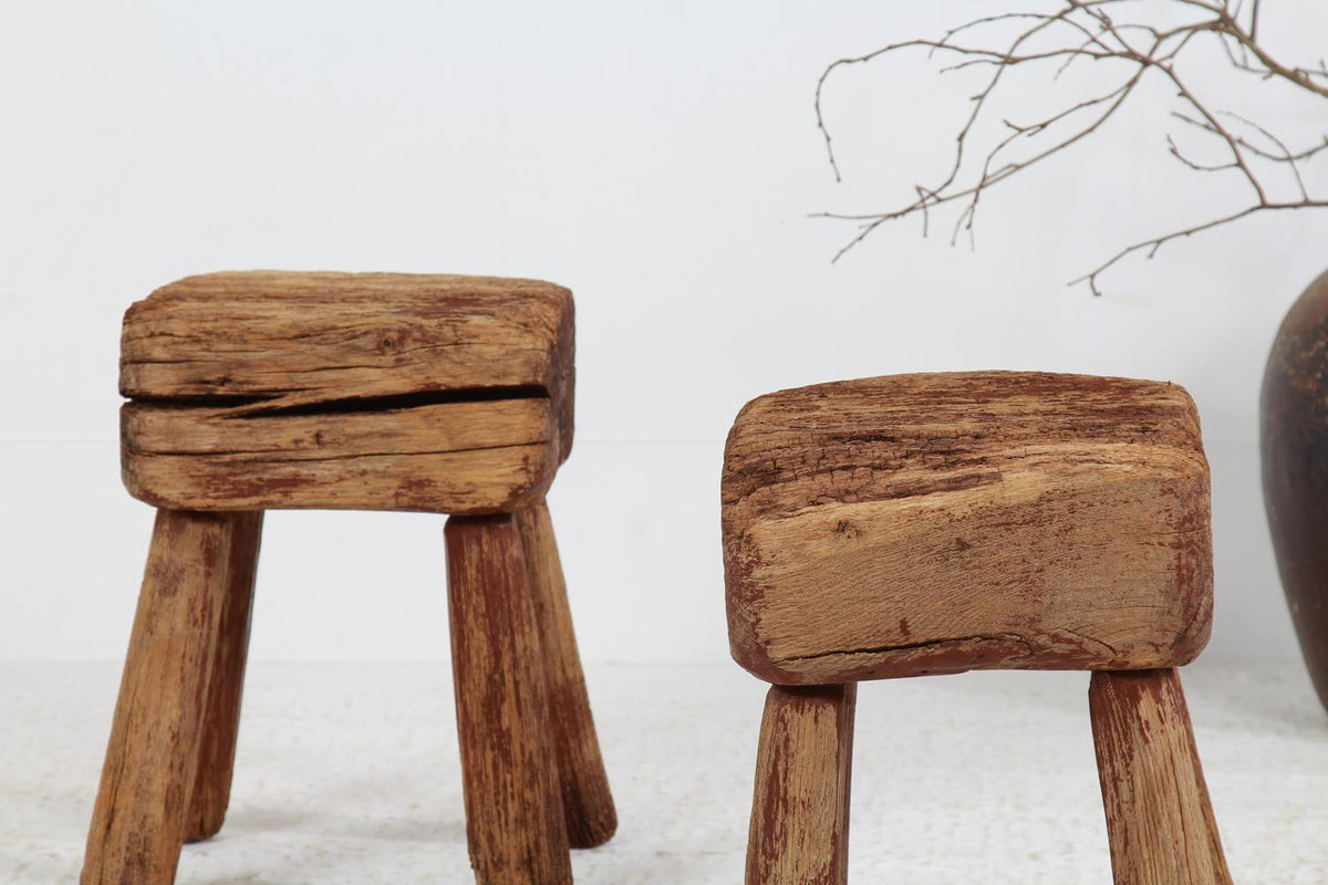 Pair of Rustic Spanish Wabi Sabi Wood Stools or Side Tables