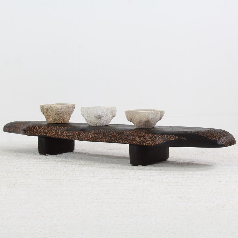 ARTISAN OAK LOW ORIENTAL INSPIRED DECORATED BURNT WOOD COFFEE TABLE.PRICE ON REQUEST