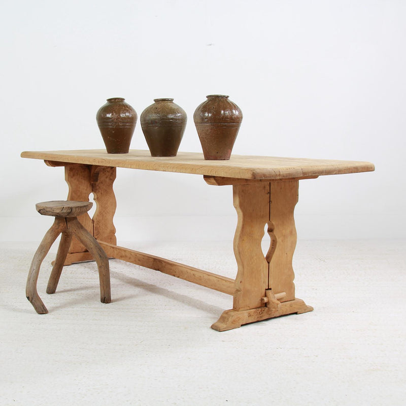 Elegant Belgian 19thC Bleached  Oak Trestle  Dining Table