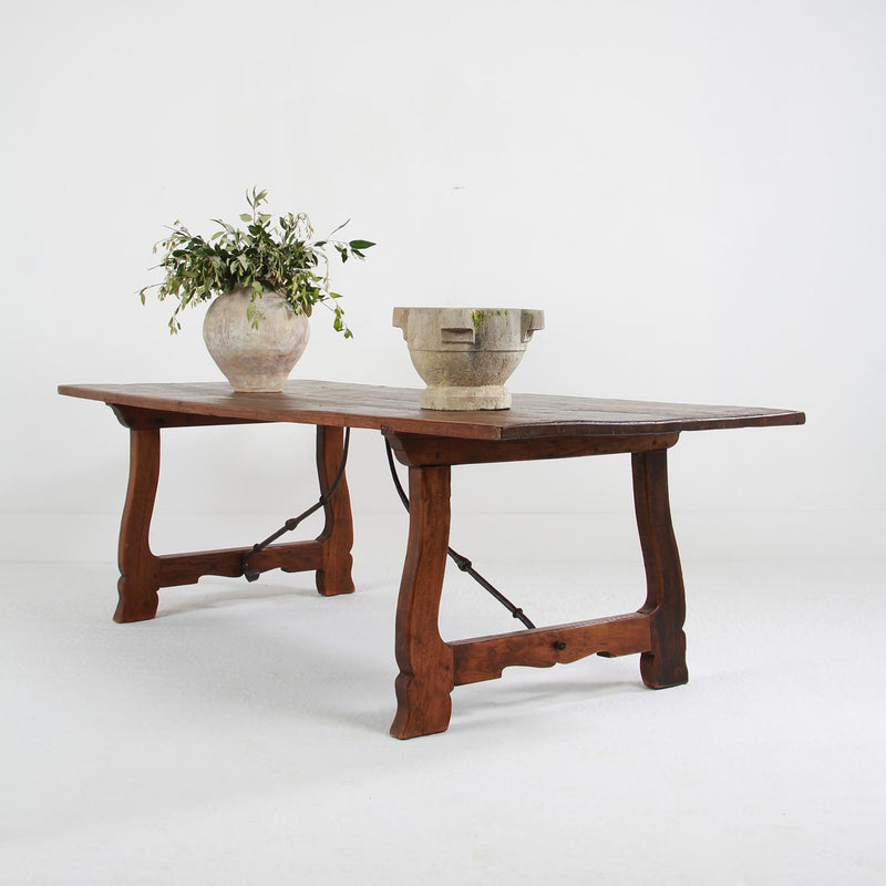 Huge Antique SPANISH 19THC Oak  DINING tABLE with Hand Forged Iron Supports
