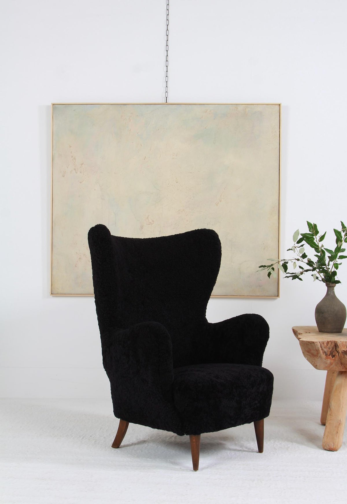 Large Sculptural  Danish Midcentury Winged Back Armchair in Black Sheepskin