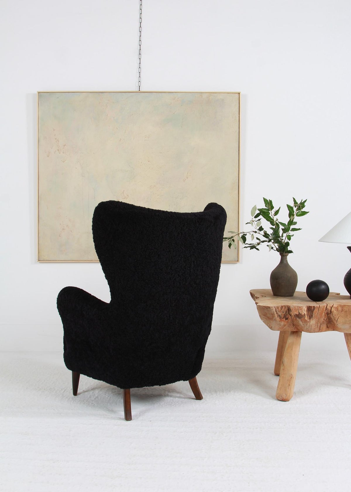 Large Sculptural  Danish Midcentury Winged Back Armchair in Black Sheepskin