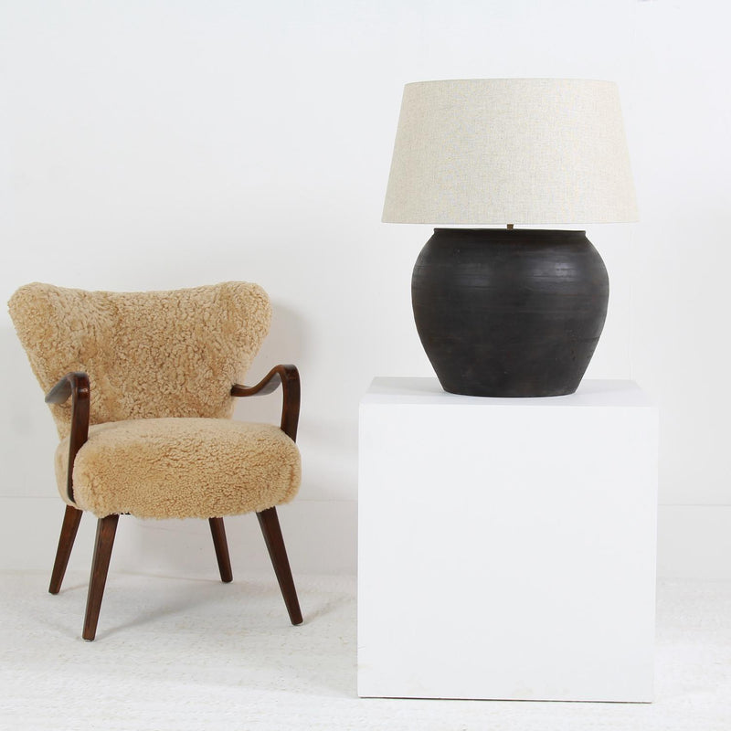 ANTIQUE XL BLACK UNGLAZED TABLE  LAMP WITH LINEN DRUM  SHADE