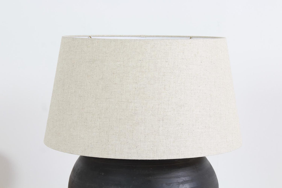 ANTIQUE XL BLACK UNGLAZED TABLE  LAMP WITH LINEN DRUM  SHADE