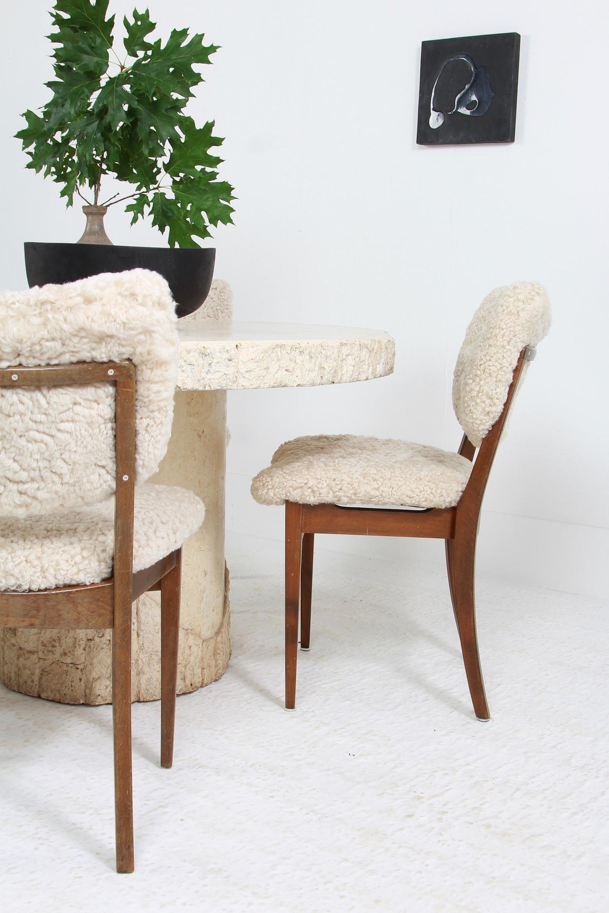 SET OF FOUR  DANISH MID CENTURY MODERN DINING CHAIRS UPHOLSTERED NATURAL SHEEPSKIN