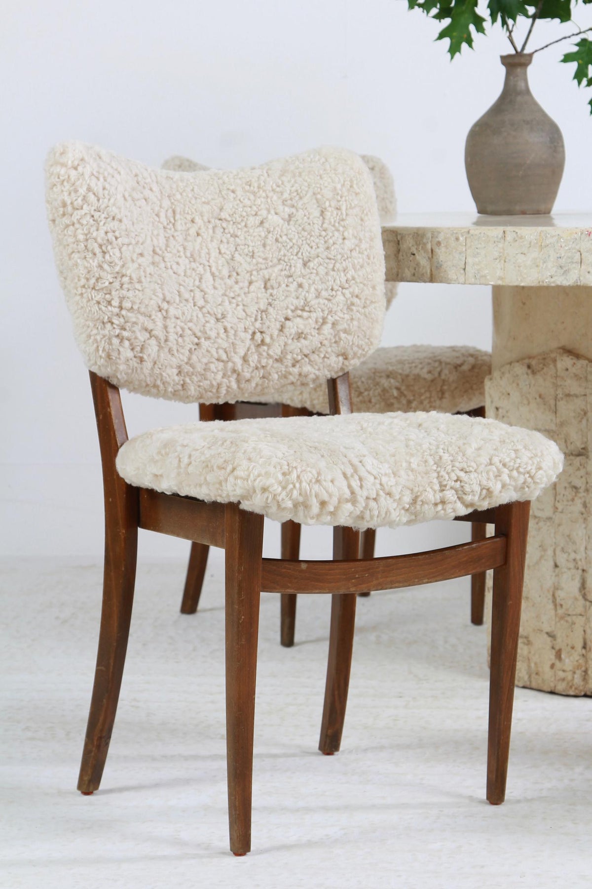 SET OF FOUR  DANISH MID CENTURY MODERN DINING CHAIRS UPHOLSTERED NATURAL SHEEPSKIN