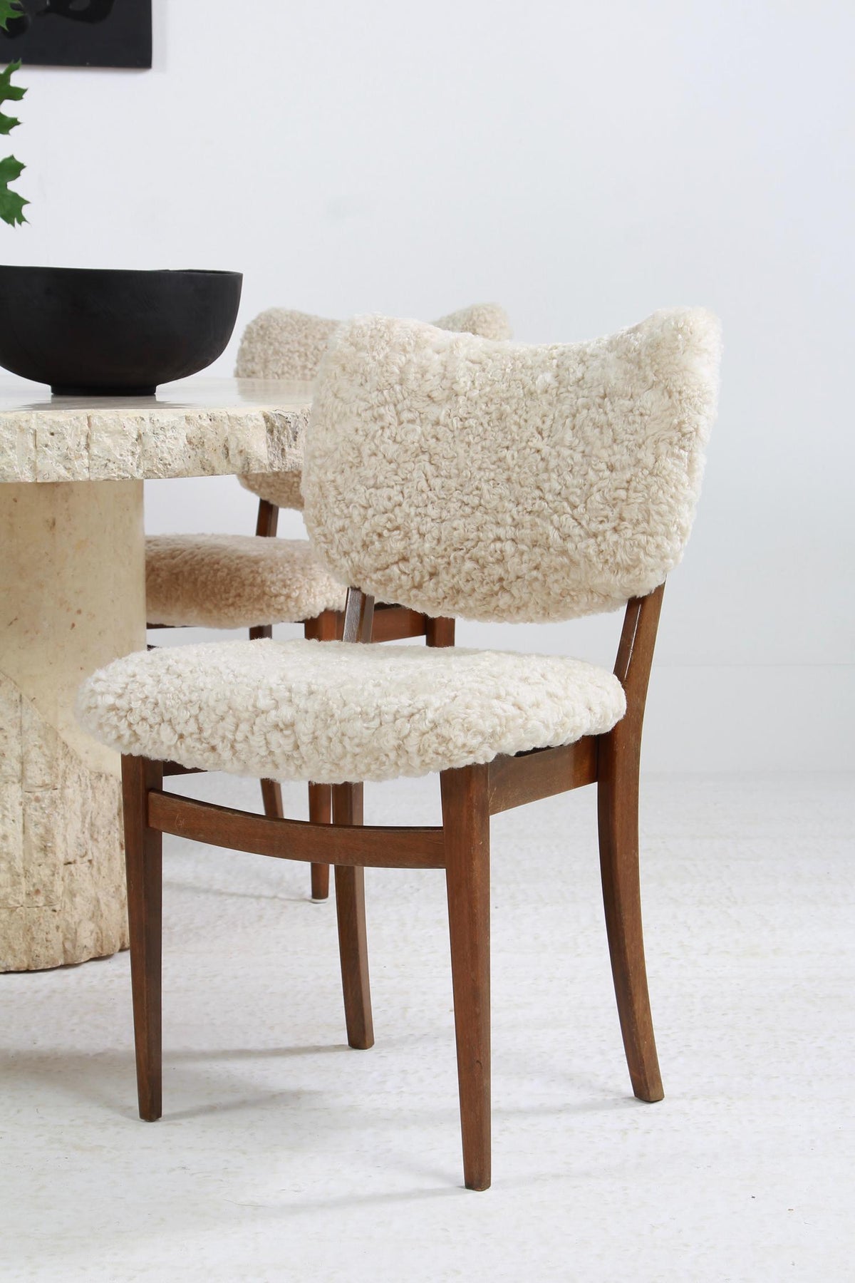 SET OF FOUR  DANISH MID CENTURY MODERN DINING CHAIRS UPHOLSTERED NATURAL SHEEPSKIN