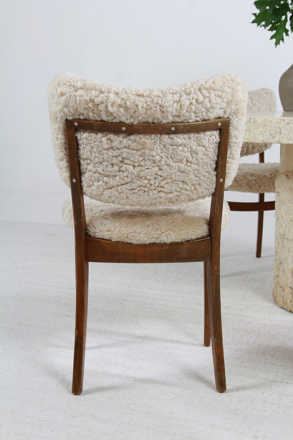 SET OF FOUR  DANISH MID CENTURY MODERN DINING CHAIRS UPHOLSTERED NATURAL SHEEPSKIN