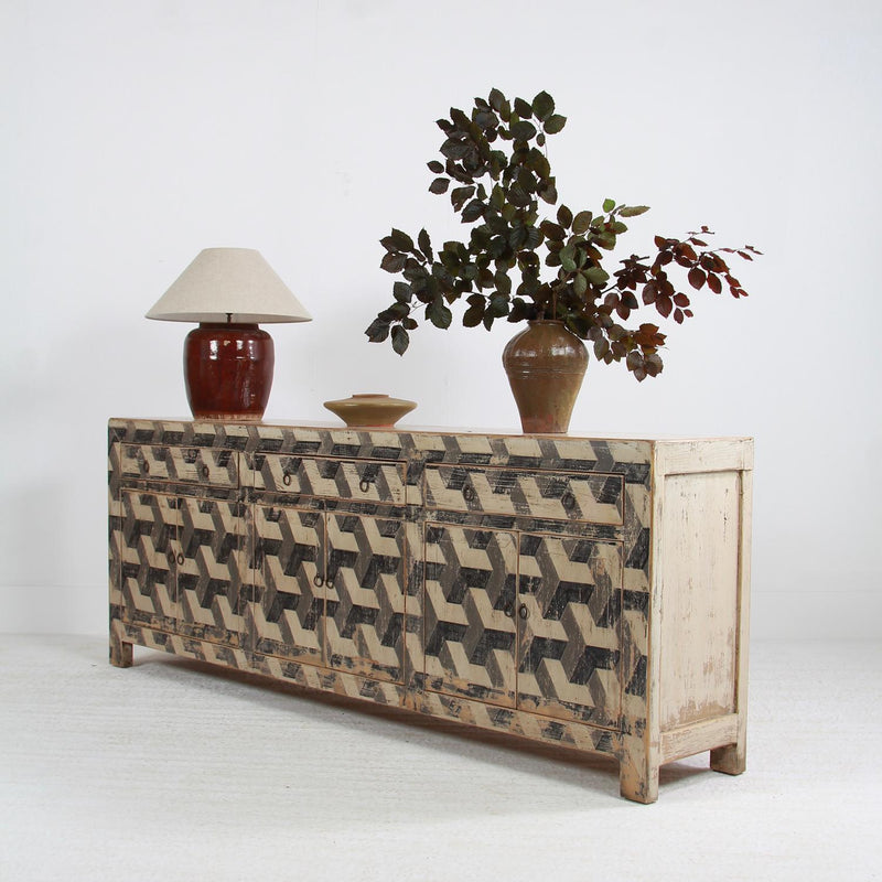 UNIQUE GRAND SCALE  ELM PROVINCIAL SIDEBOARD WITH FABULOUS HAND-PAINTED PATINA