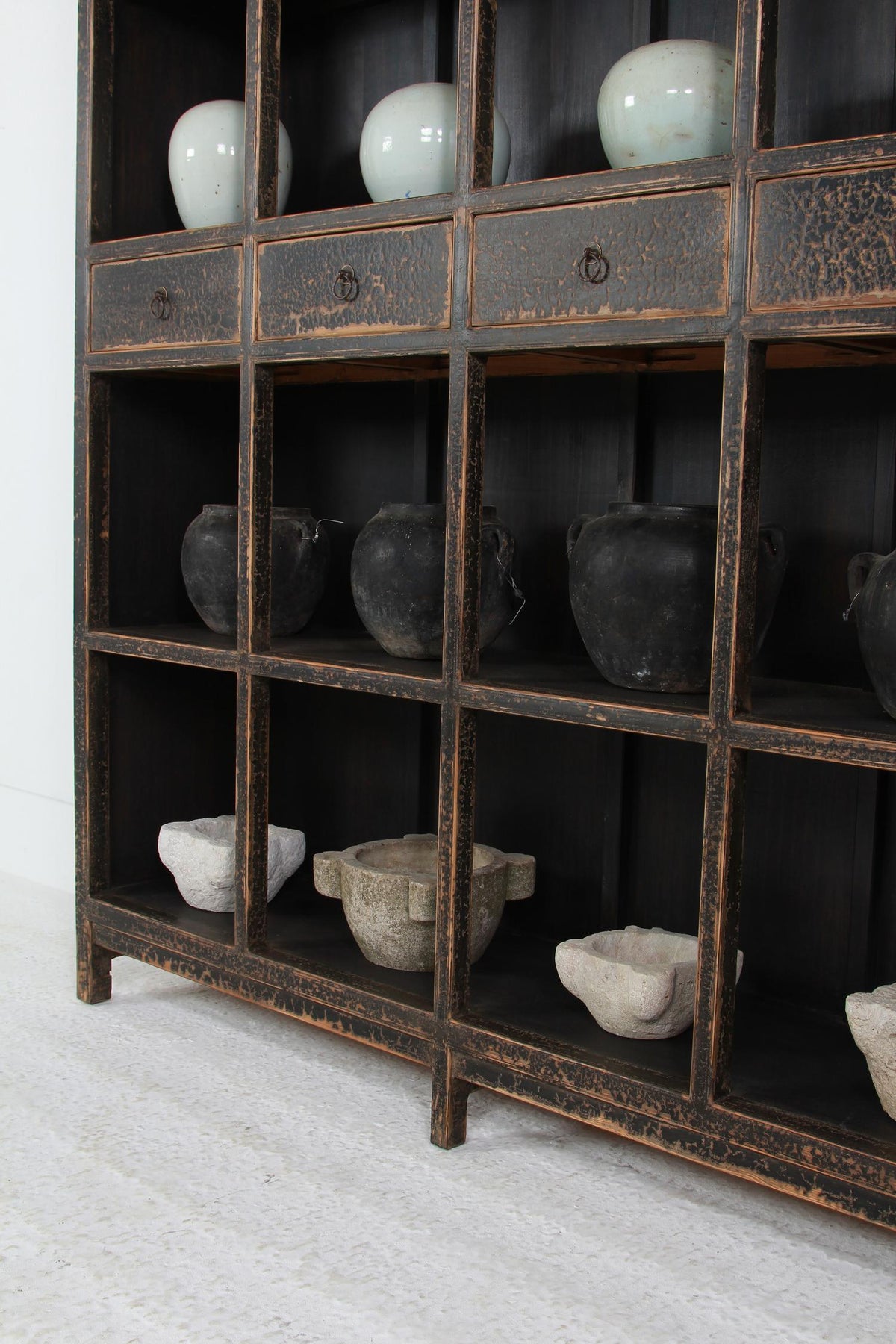 GRAND SCALE ANTIQUE BLACK PAINTED OPEN DISPLAY CABINET
