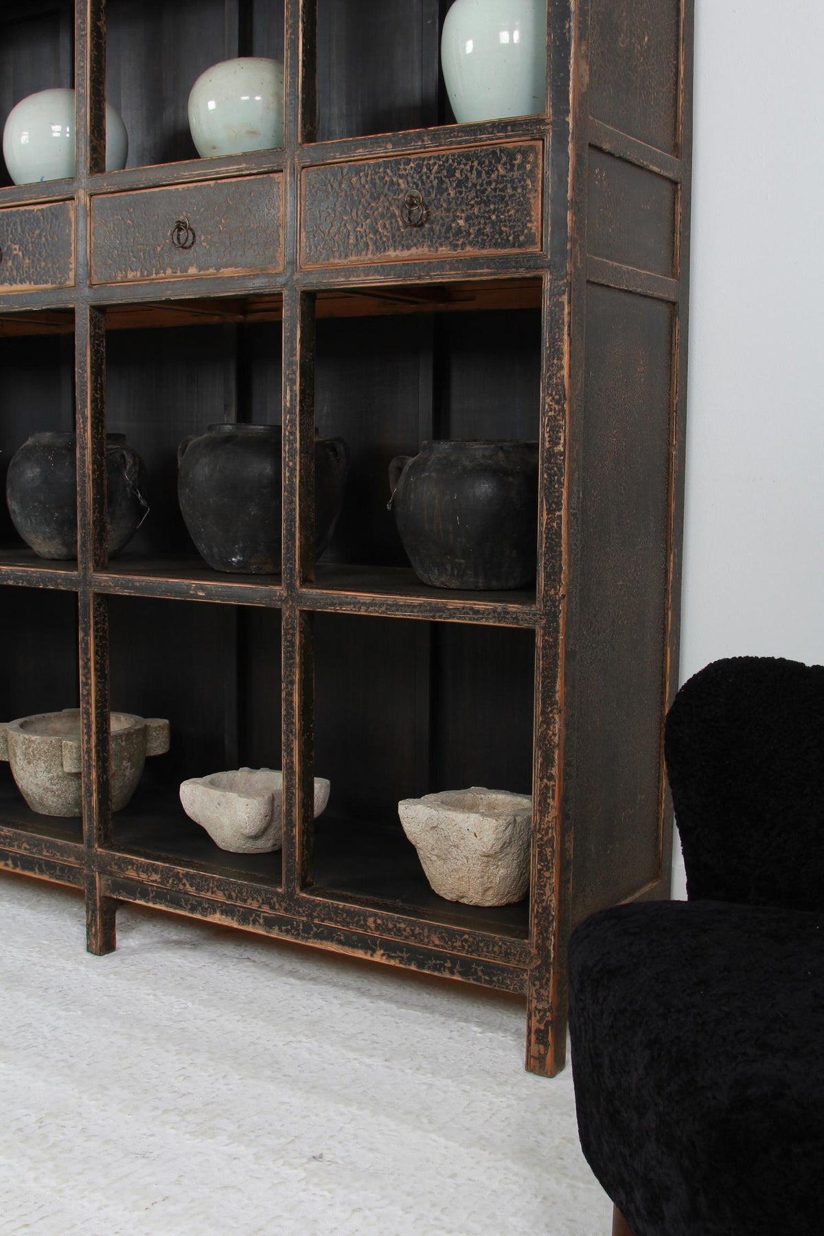 GRAND SCALE ANTIQUE BLACK PAINTED OPEN DISPLAY CABINET