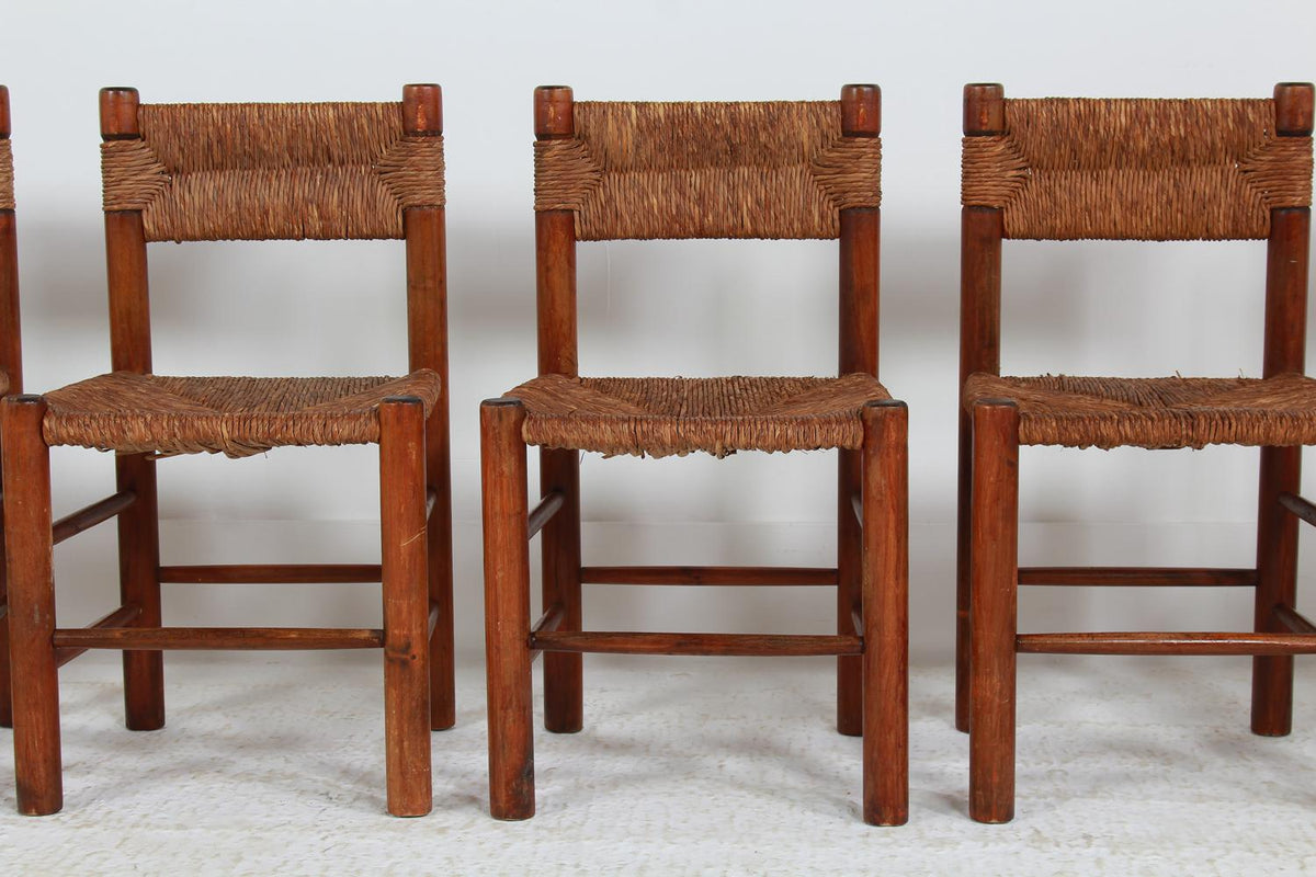 Set of Six French Mid Century Wood and Rush Dining  Chairs