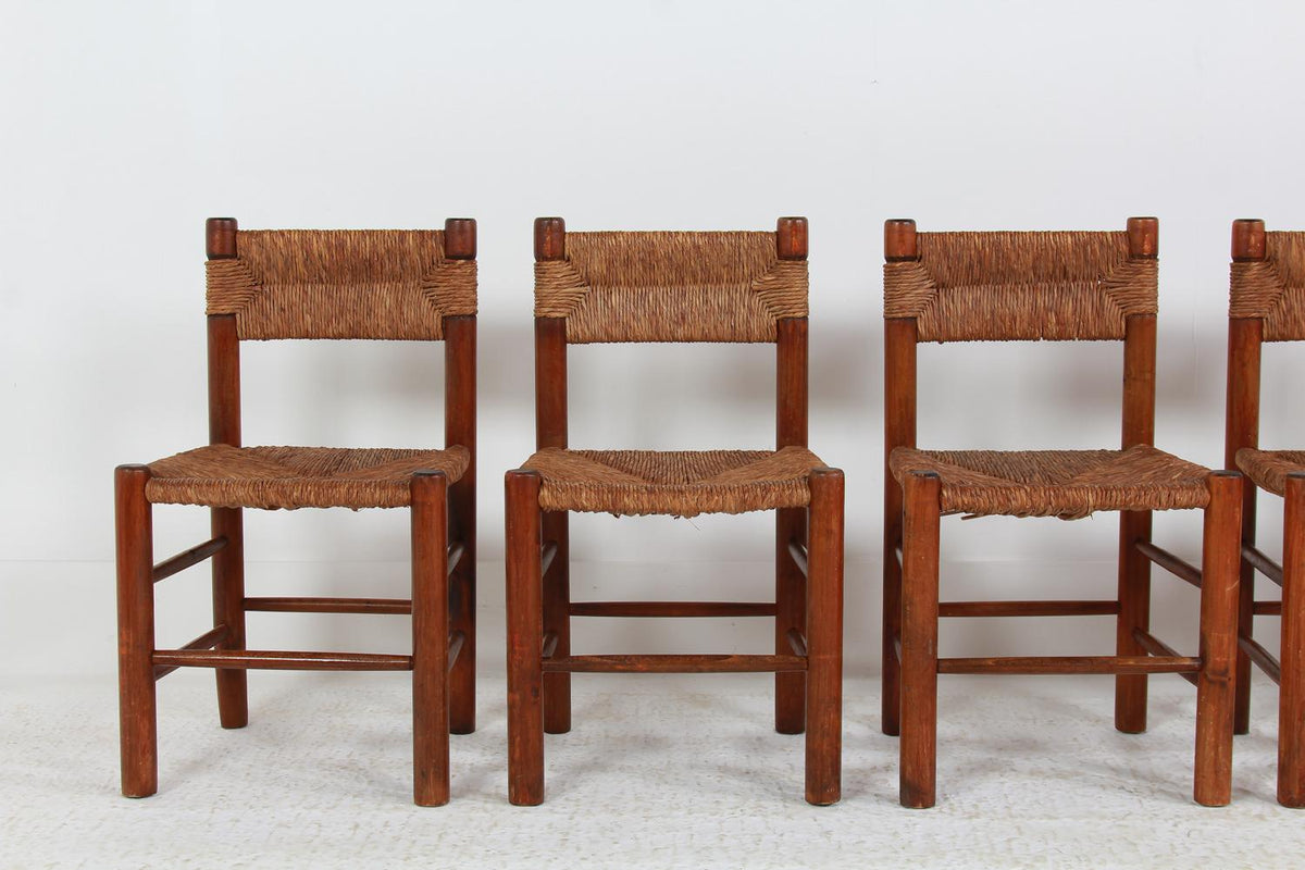 Set of Six French Mid Century Wood and Rush Dining  Chairs