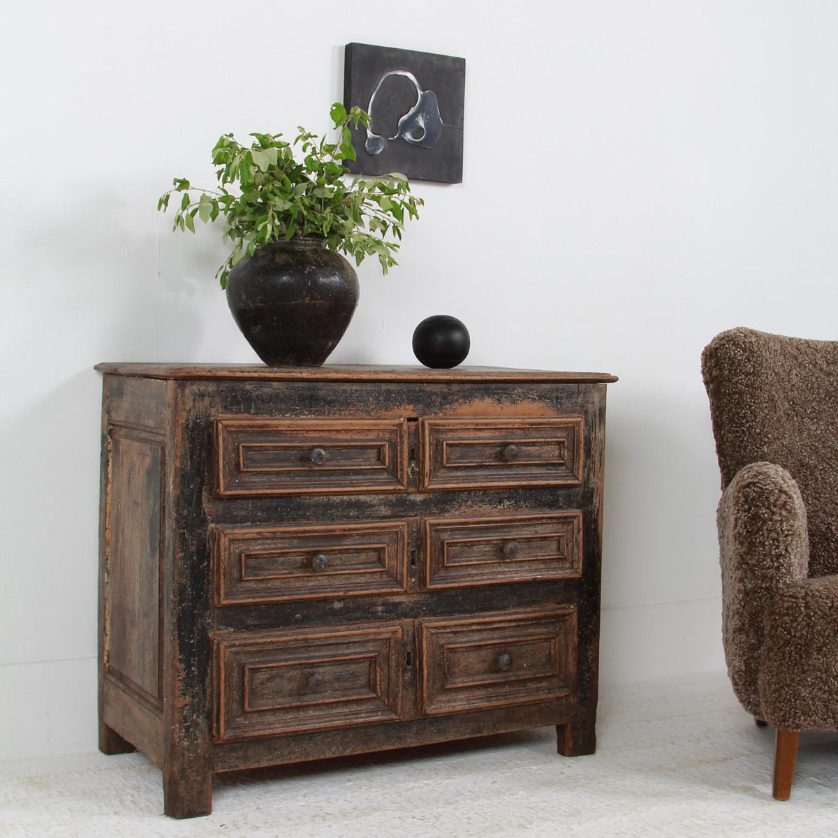 Rustic French Antique Oak  18th Century Painted Chest of Drawers