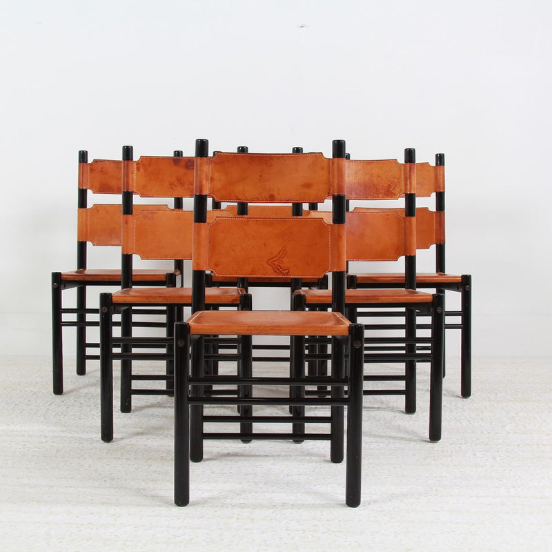 Beautiful Set of Six Italian Leather Mid Century Ebonised Dining Chairs