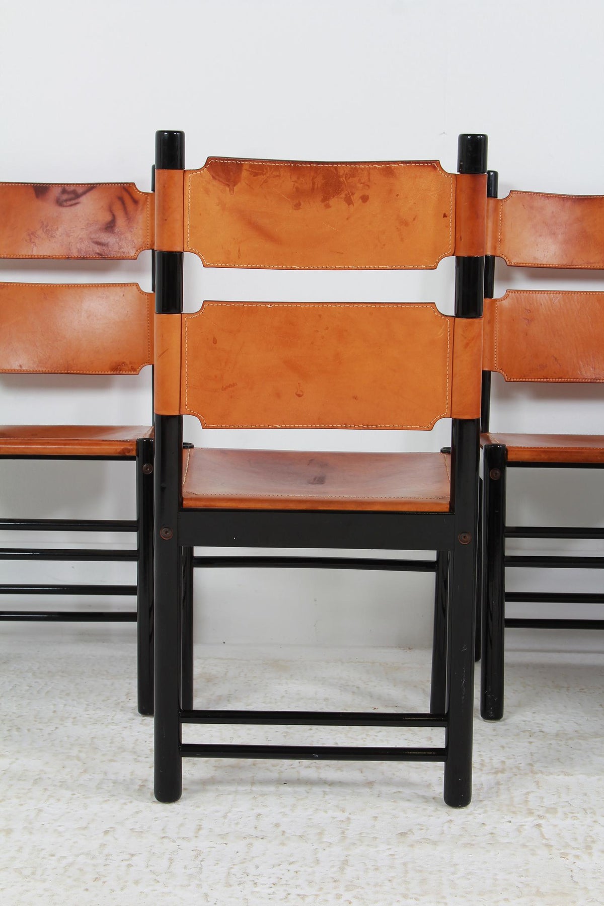 Beautiful Set of Six Italian Leather Mid Century Ebonised Dining Chairs