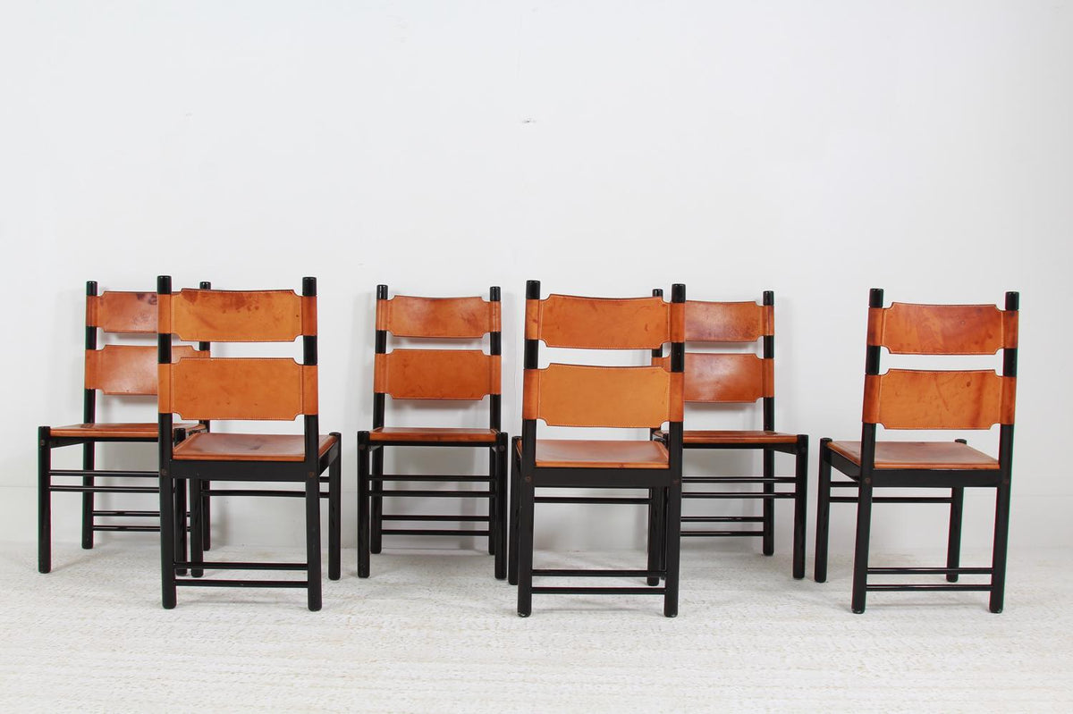 Beautiful Set of Six Italian Leather Mid Century Ebonised Dining Chairs