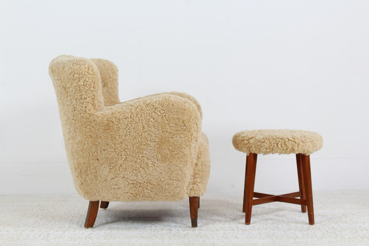 Danish Mid-Century Footstool  Reupholstered in Honey Coloured Sheepskin