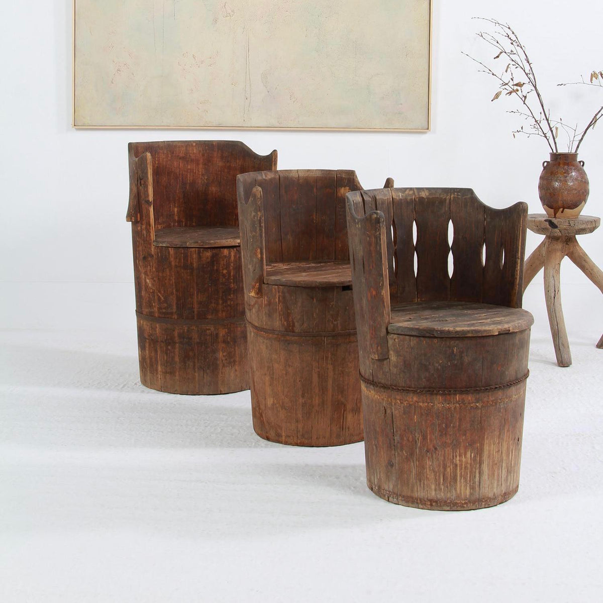 Collection of Three Japanese Wabi Wabi Pine Barrel Chairs