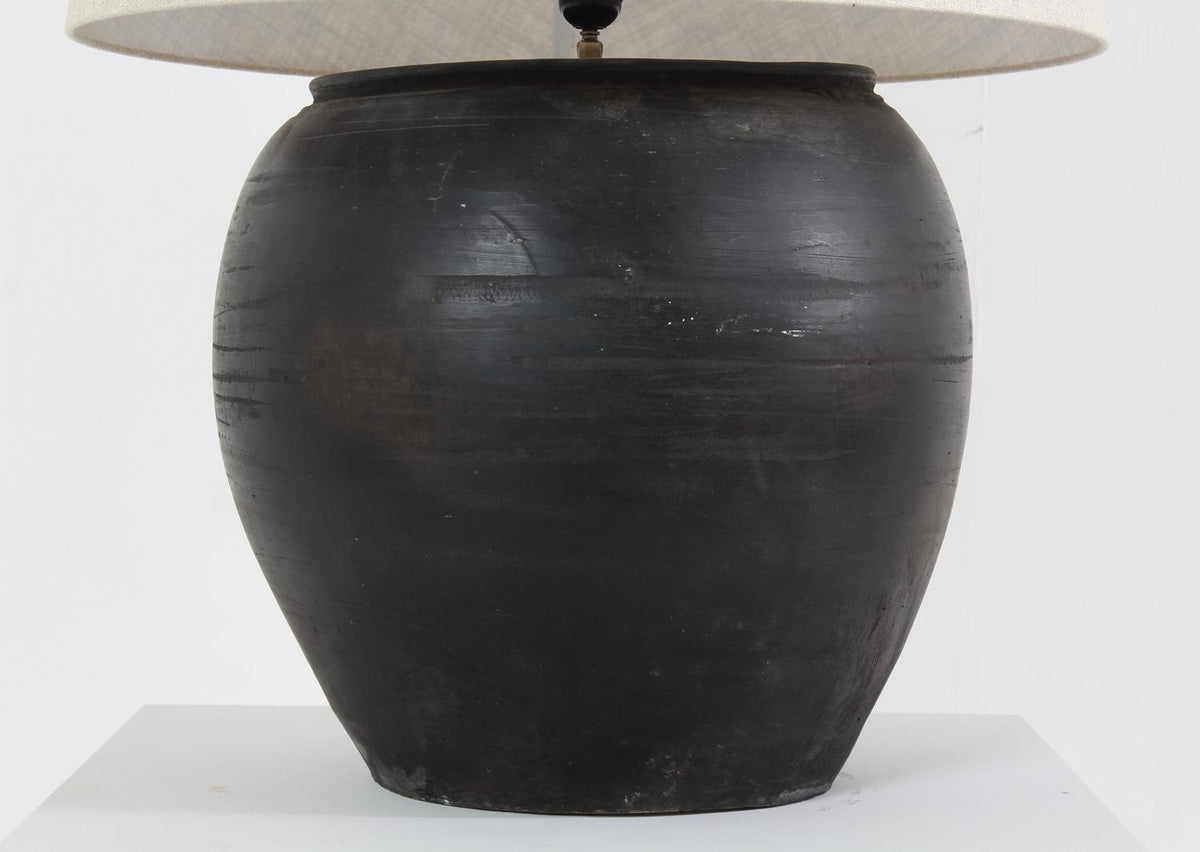 XXL ANTIQUE BLACK UNGLAZED POTTERY LAMPS WITH NATURAL DRUM LINEN SHADES