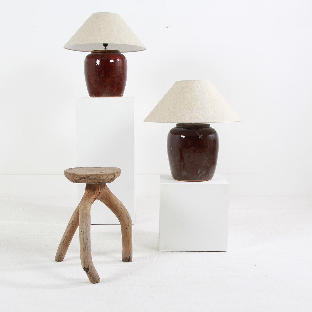 AUTHENTIC XL BROWN GLAZED POTTERY TABLE LAMPS WITH  NATURAL EMPIRE LINEN SHADESS