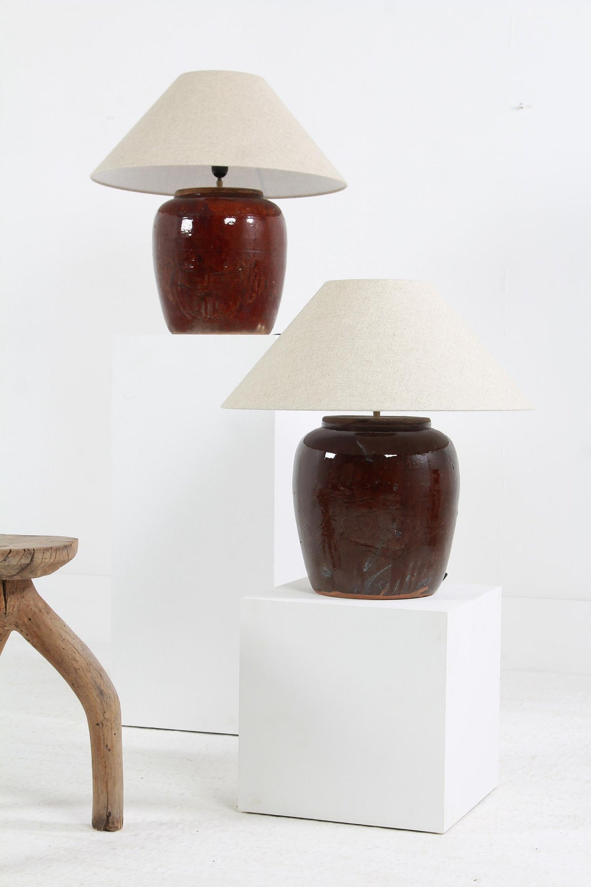 AUTHENTIC XL BROWN GLAZED POTTERY TABLE LAMPS WITH  NATURAL EMPIRE LINEN SHADESS