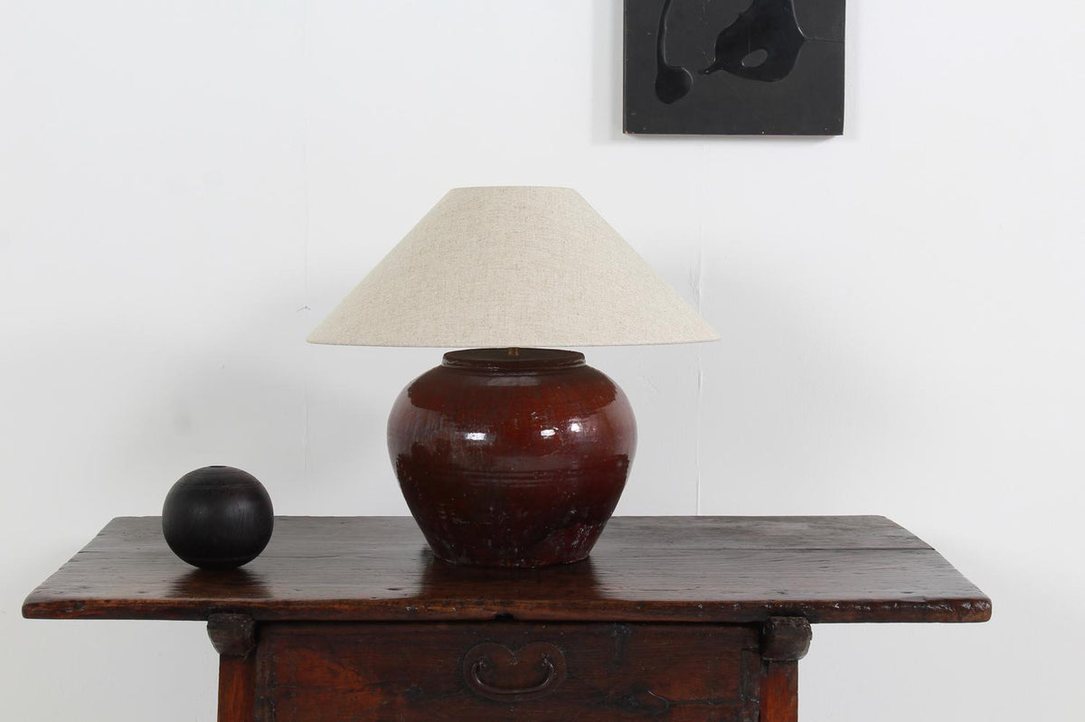 UNIQUE ANTIQUE BROWN GLAZED CERAMIC TABLE LAMP WITH EMPIRE LINEN SHADE