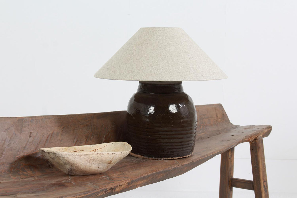 ANTIQUE CHINESE WATER POT LAMP WITH NATURAL BELGIUM LINEN SHADE