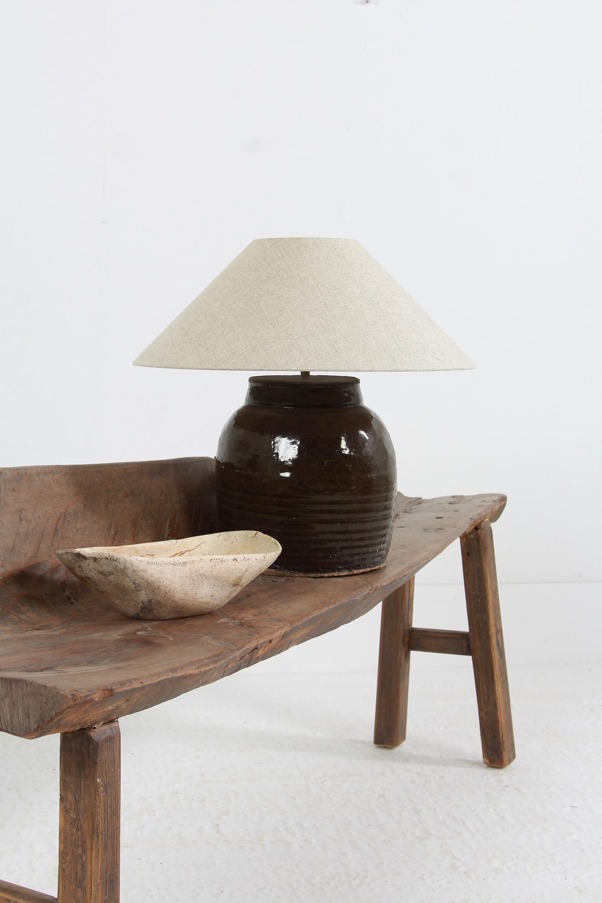 ANTIQUE CHINESE WATER POT LAMP WITH NATURAL BELGIUM LINEN SHADE
