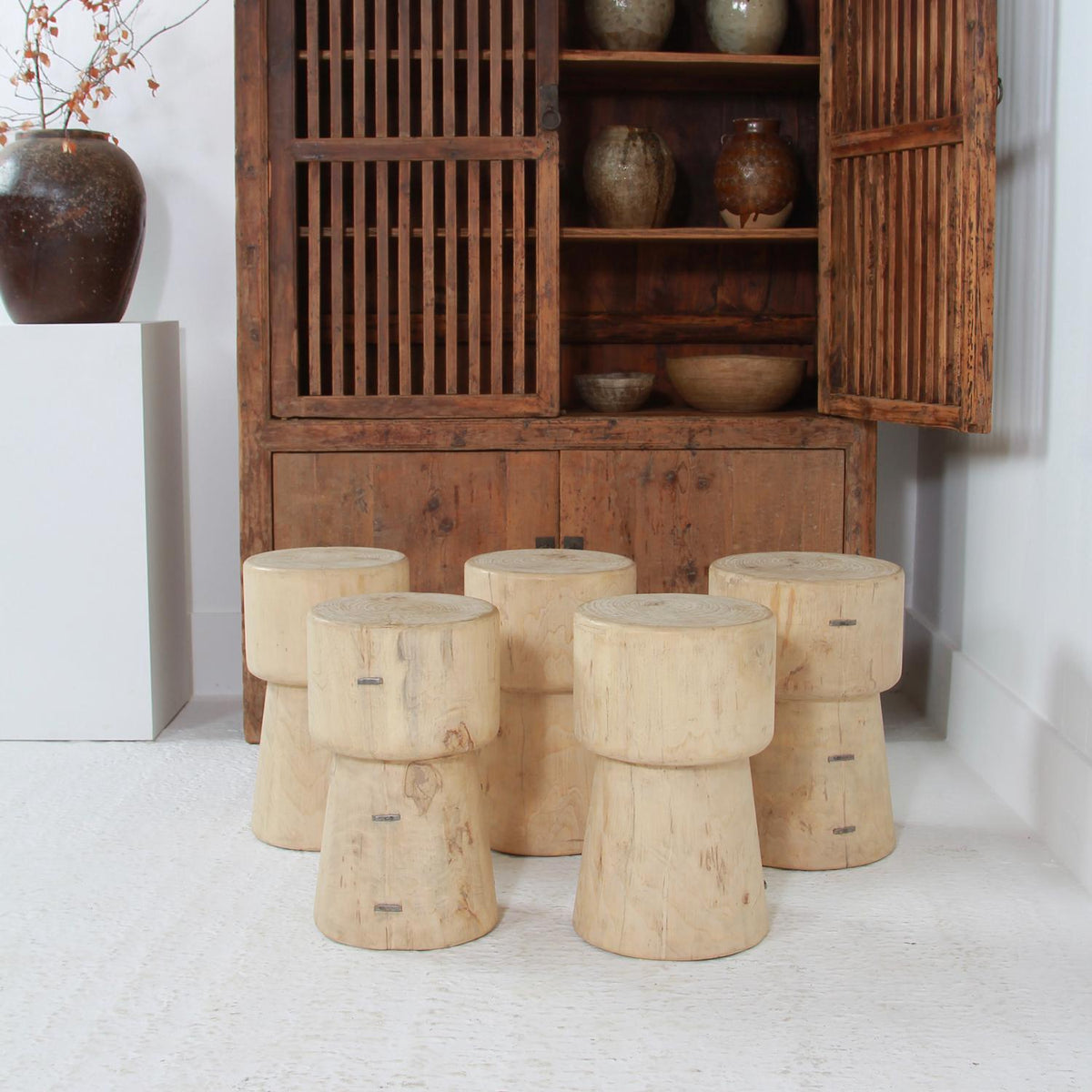 Charming Collection of Five Elmwood Wabi Sabi  Drum Table/Stools