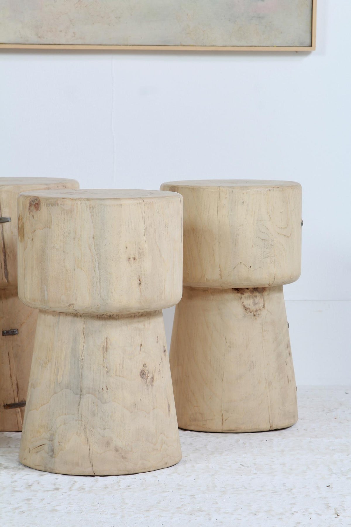 Charming Collection of Five Elmwood Wabi Sabi  Drum Table/Stools