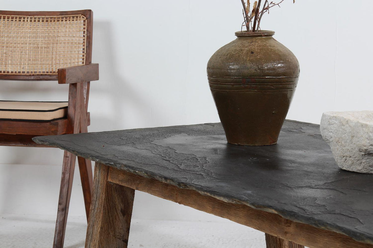 EXCEPTIONAL ANTIQUE  BLACK RIVEN SLATE SCULPTURED OBLONG COFFEE TABLE
